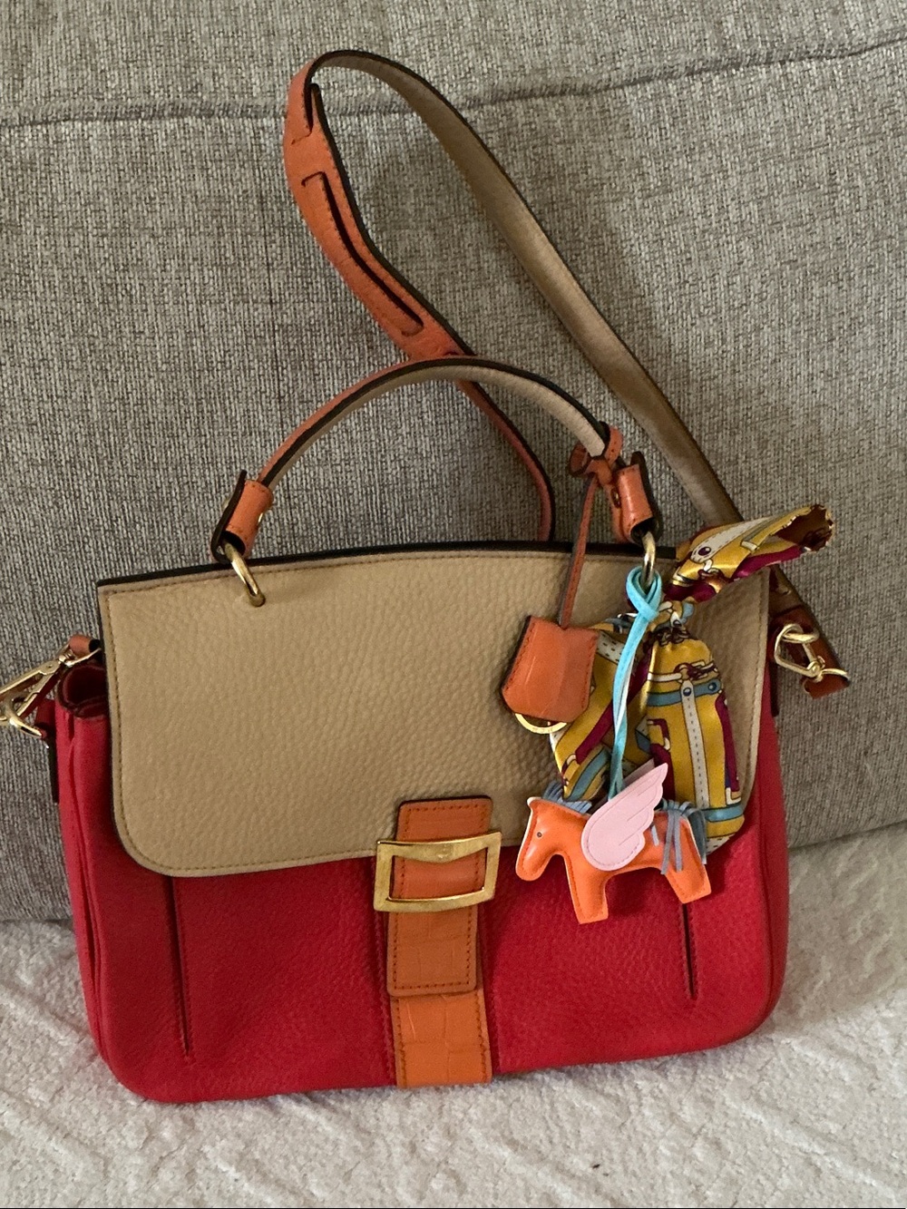 MCM Two-Tone Red and Tan Leather Satchel with Orange Trim and Charm
